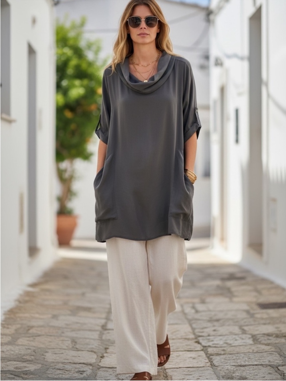 FEI X Anthropologie Silk Stone Washed Grey Cowl Neck Cropped Sleeve Tunic Cover